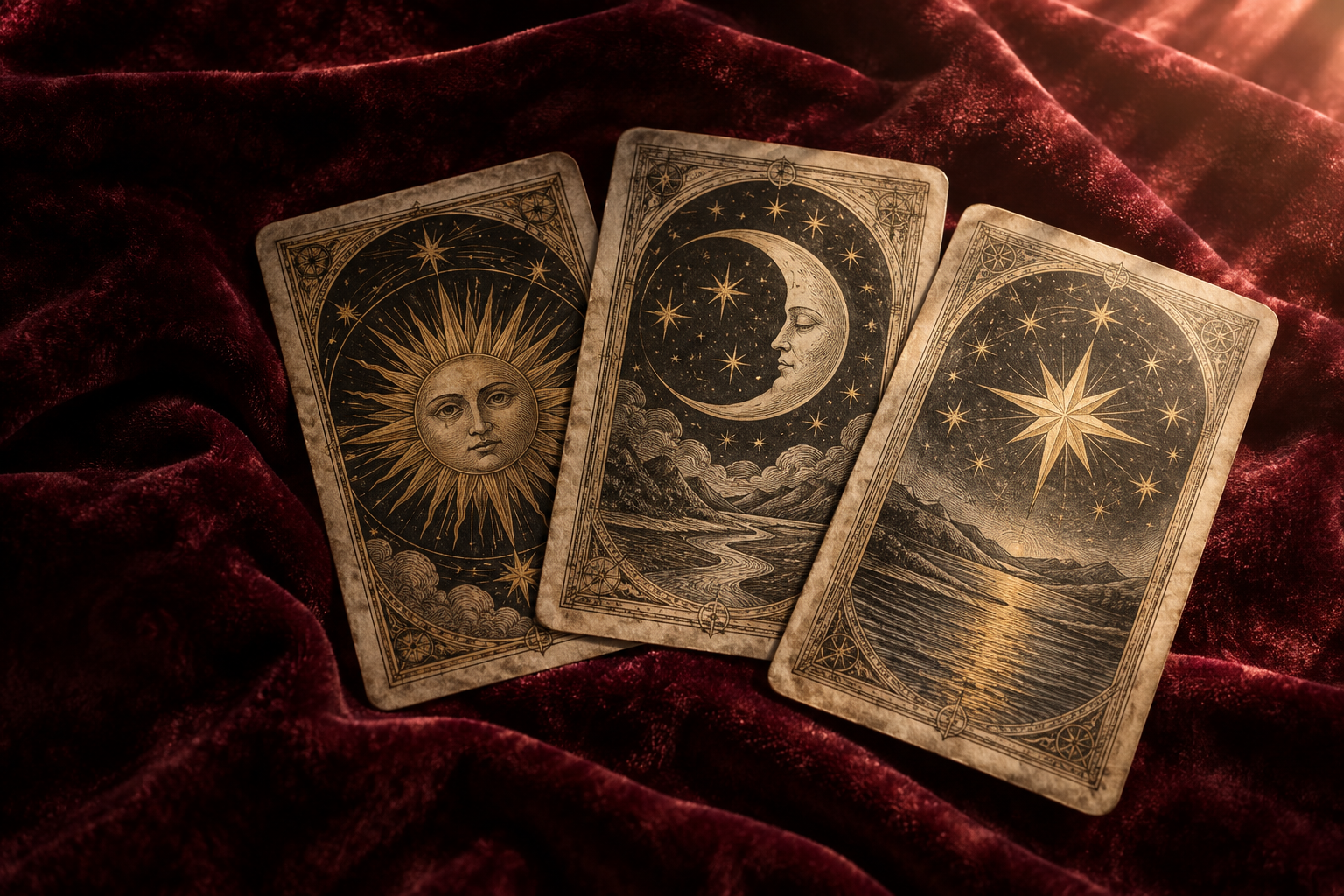 Tres cartas con el sol, la luna y una estrella sobre terciopelo granate